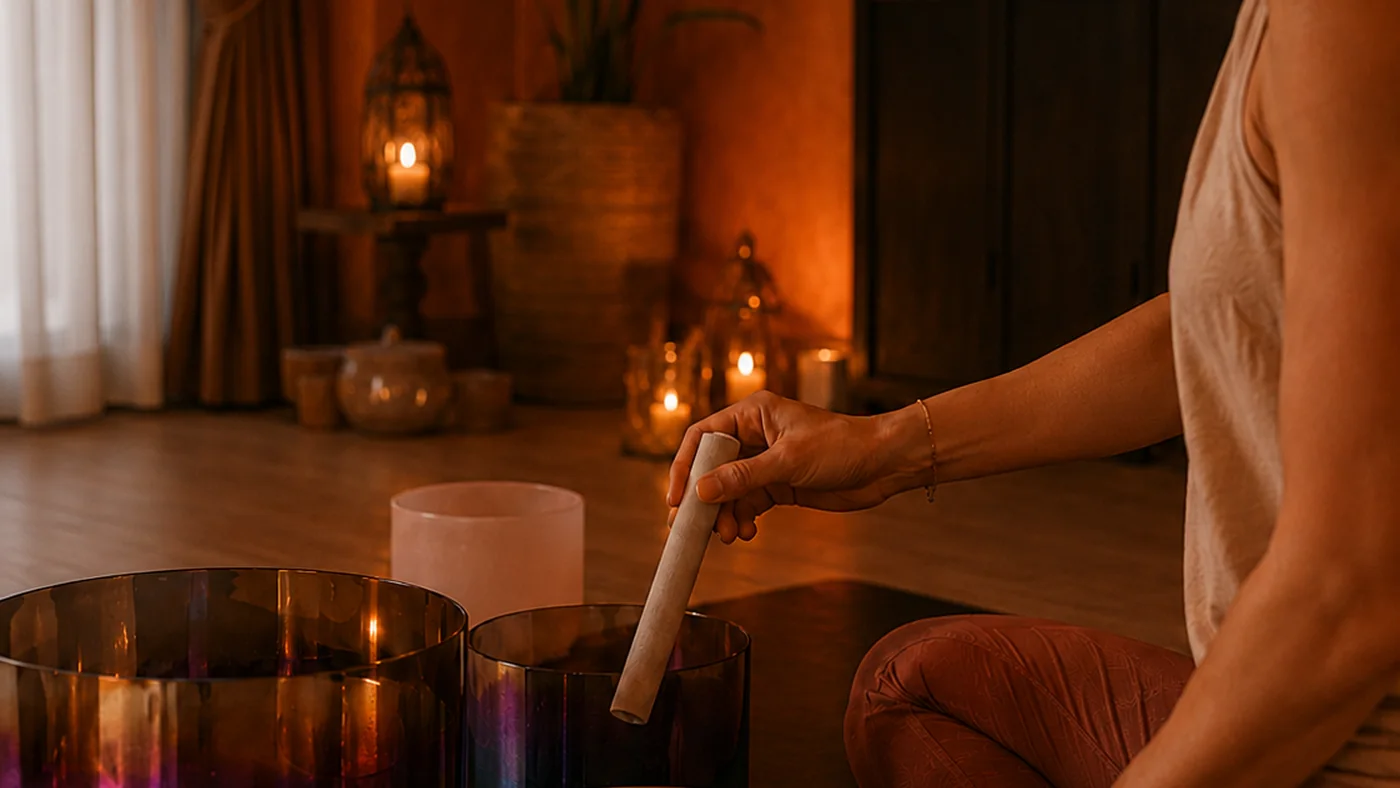 Crystal singing bowl practice in the OM studio